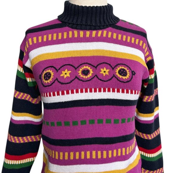 90s vintage striped turtleneck sweater sunflower embroidery quirky  retro Mexx. - Picture 3 of 8